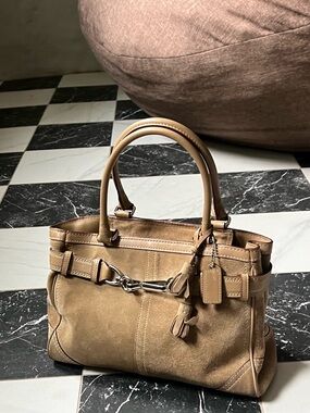 Coach Tan Suede Shoulder Bag with Silver-Tone Bit